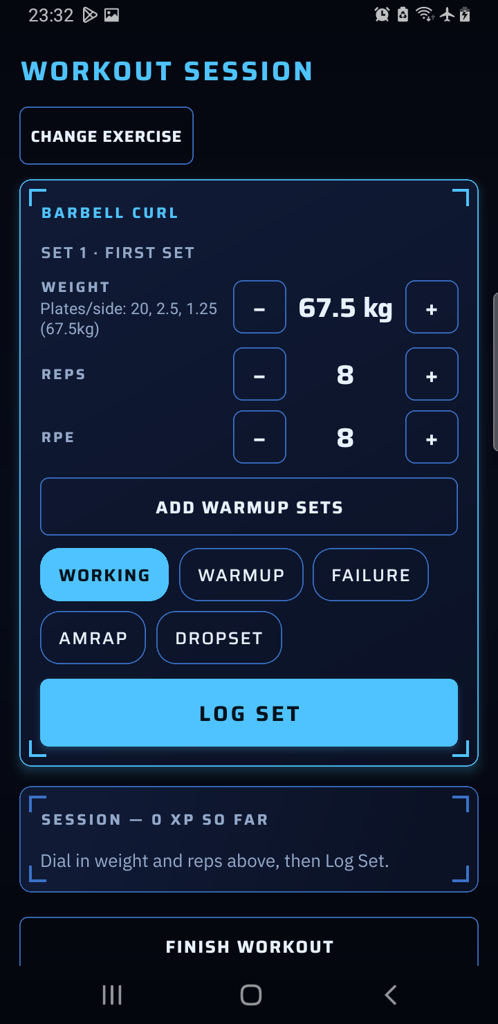 Solo Training workout session screen — logging a set